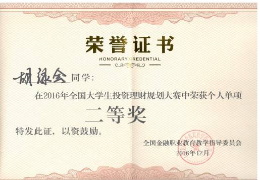 财经贸易系学生在2016年全国大学生投资理财规划技能大赛中获奖